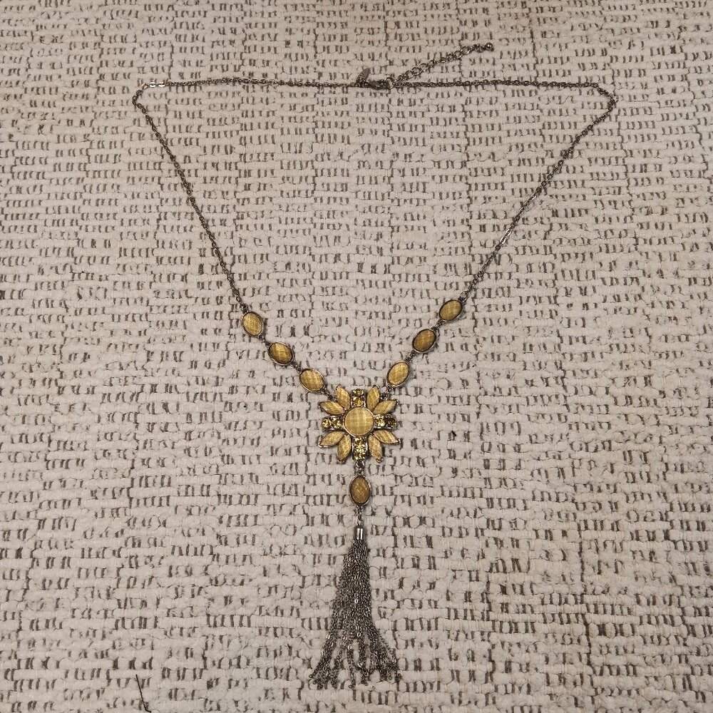 NY Collection Yellow Faceted Cabochons & Rhinestones Amulet Necklace w/ Tassel